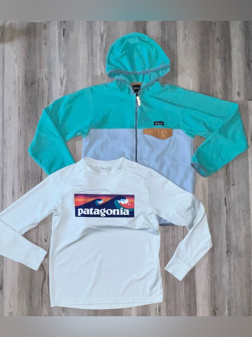 Patagonia Micro D Snap-T Jacket Hooded Full Zip Fleece And Shirt  Top Blue Sz 12